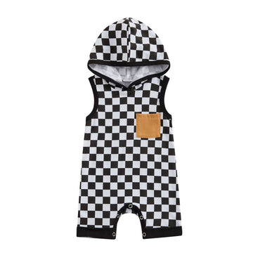 Sleeveless Checkerboard Hooded Baby Jumpsuit Black 0-3 M