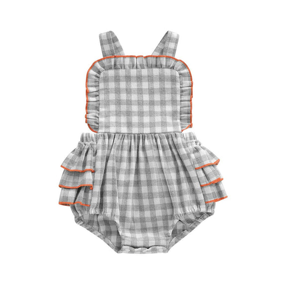 Sleeveless Checkered Ruffle Baby Romper Gray 0-3 M