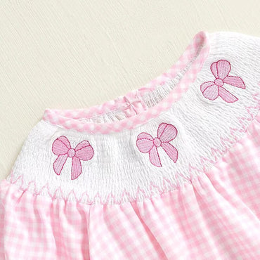 Long Sleeve Pink Plaid Bows Baby Romper   