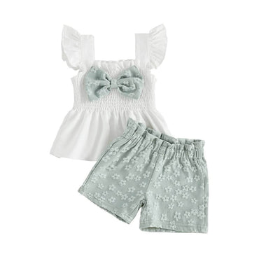 Fly Sleeve Bow Floral Shorts Toddler Set Green 9-12 M