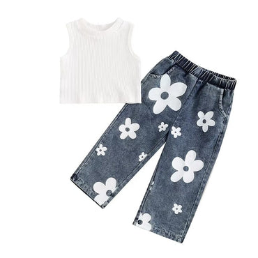 Ribbed Tank Denim Pants Toddler Set White 2T 