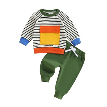 Long Sleeve Striped Solid Pants Toddler Set Green 9-12 M