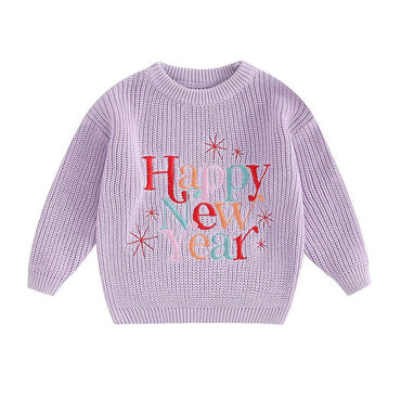 Happy New Year Knit Baby Sweater Purple 0-3 M 