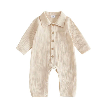 Long Sleeve Solid Collar Baby Jumpsuit Beige 0-3 M