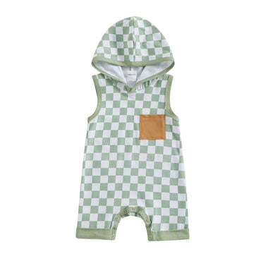 Sleeveless Checkerboard Hooded Baby Jumpsuit Green 0-3 M