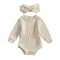 Long Sleeve Solid Ribbed Romper Beige 0-3 M 