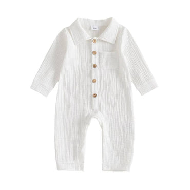 Long Sleeve Solid Collar Baby Jumpsuit White 0-3 M