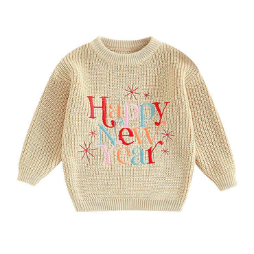 Happy New Year Knit Baby Sweater Khaki 0-3 M 