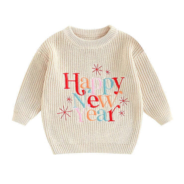 Happy New Year Knit Baby Sweater Beige 0-3 M 