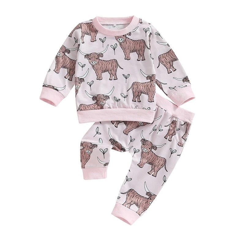 Long Sleeve Highland Cow Baby Set Pink 9-12 M 