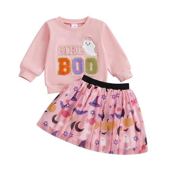 Long Sleeve Girl Boo Tulle Skirt Toddler Set