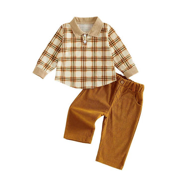 Long Sleeve Plaid Corduroy Toddler Set Beige 9-12 M