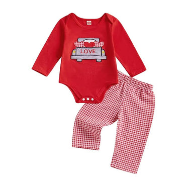 Long Sleeve Love Plaid Pants Baby Set