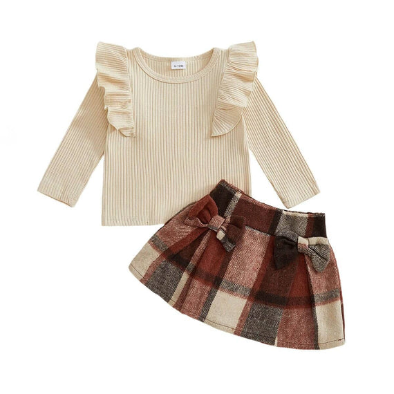 Fly Sleeve Plaid Skirt Toddler Set Beige 9-12 M