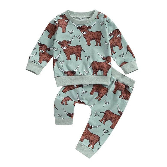 Long Sleeve Highland Cow Baby Set Green 9-12 M 