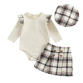 Long Sleeve Waffle Plaid Skirt Baby Set   