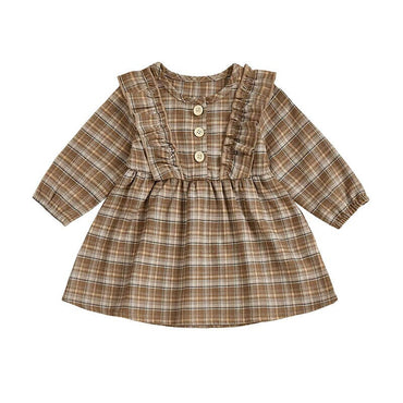 Long Sleeve Brown Plaid Baby Dress