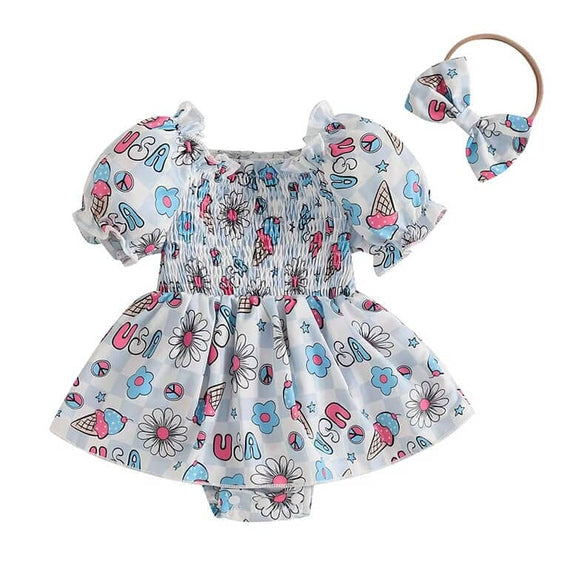 Puff Sleeve USA Floral Baby Romper