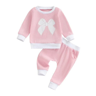 Long Sleeve Waffle Bow Baby Set Pink 3-6 M