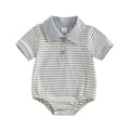 Short Sleeve Striped Collar Baby Romper Gray 0-3 M
