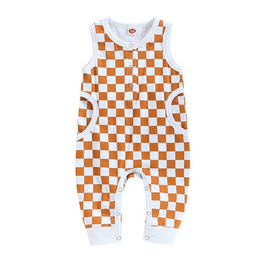 Sleeveless Checkered Buttoned Baby Jumpsuit Orange 0-3 M 