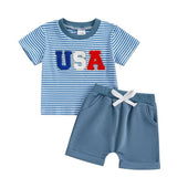 Short Sleeve USA Striped Toddler Set Blue 9-12 M