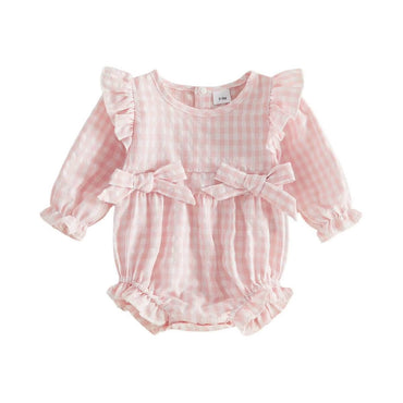 Long Sleeve Gingham Bows Baby Romper