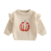 Pumpkin Bow Knit Toddler Sweater Beige 6-9 M