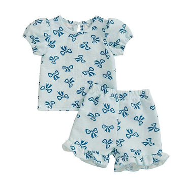 Puff Sleeve Bows Baby Set Blue 3-6 M