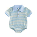 Short Sleeve Striped Collar Baby Romper Blue 0-3 M