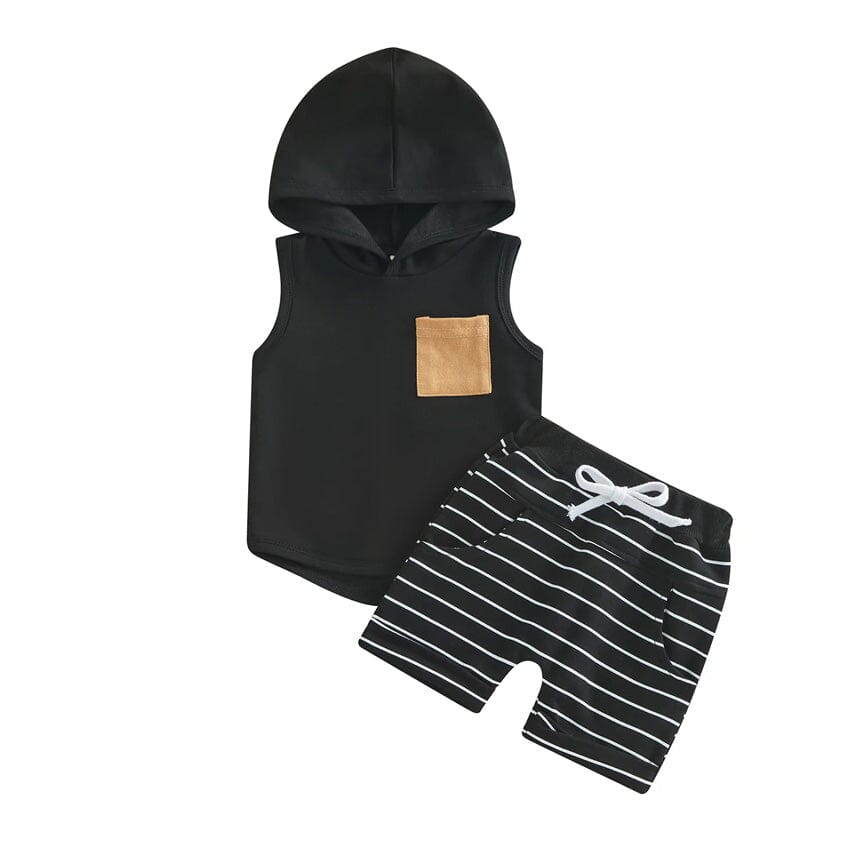 Sleeveless Striped Hooded Baby Set Sets The Trendy Toddlers Black 18-24 M 