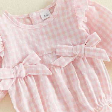 Long Sleeve Gingham Bows Baby Romper