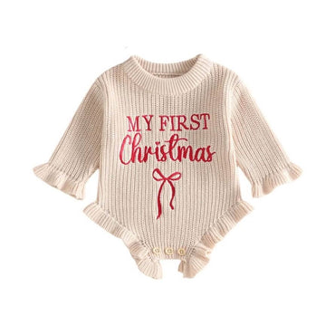 My First Christmas Knit Baby Romper Beige 0-3 M