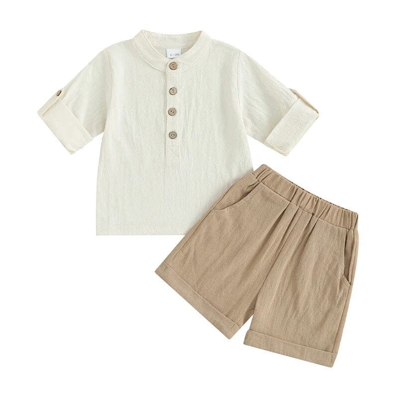 Short Sleeve Linen Toddler Set Khaki 9-12 M 