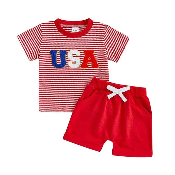 Short Sleeve USA Striped Toddler Set Red 9-12 M