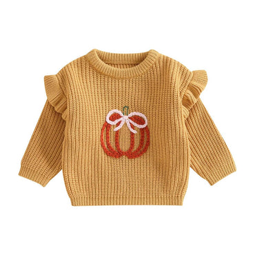 Pumpkin Bow Knit Toddler Sweater Yellow 6-9 M