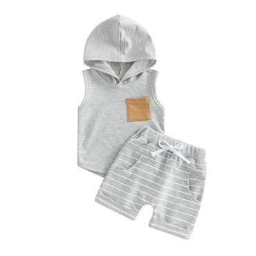 Sleeveless Striped Hooded Baby Set Gray 3-6 M 