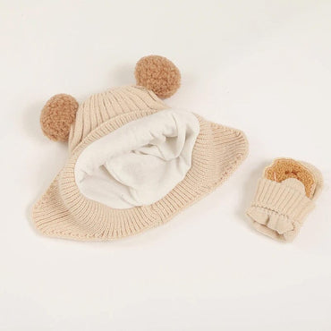 Bear Knitted Beanie Mittens Set   