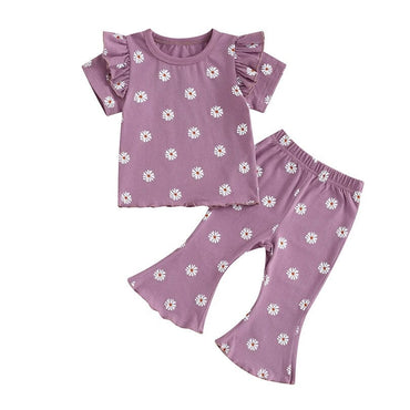 Short Sleeve Ruffled Floral Flared Toddler Set Sets The Trendy Toddlers Purple 18-24 M 