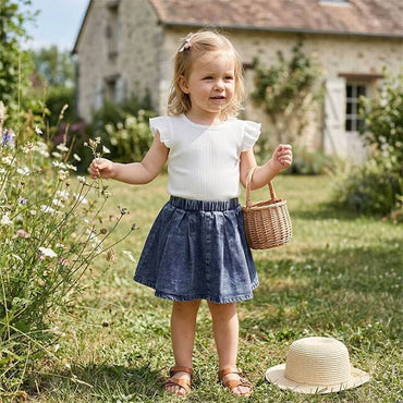Fly Sleeve Ribbed Denim Skirt Toddler Set