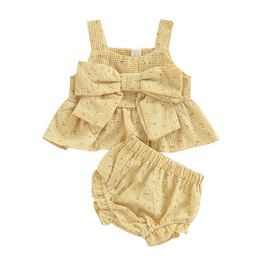 Floral Plaid Bowknot Baby Set Yellow 0-3 M 