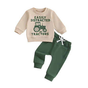 Long Sleeve Tractor Distraction Toddler Set Beige 9-12 M