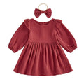 Long Sleeve Solid Ruffled Toddler Dress Red 9-12 M 