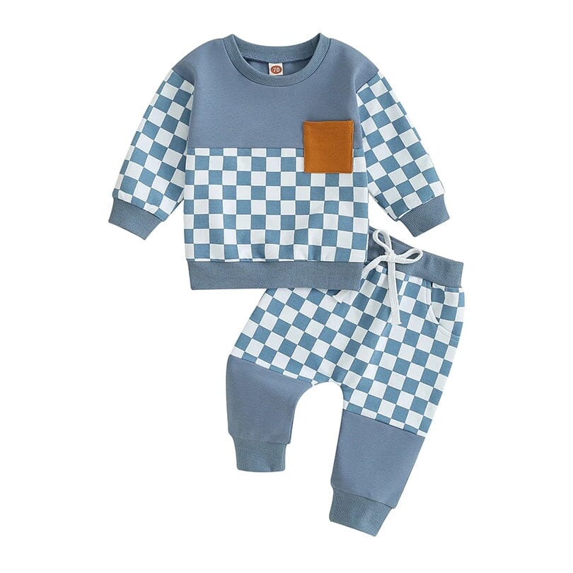 Color Block Checkered Pocket Baby Set Blue 3-6 M 