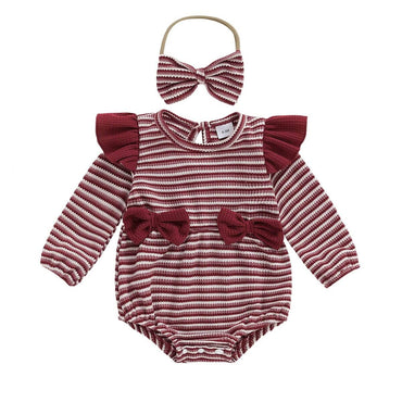 Long Sleeve Striped Bows Baby Romper