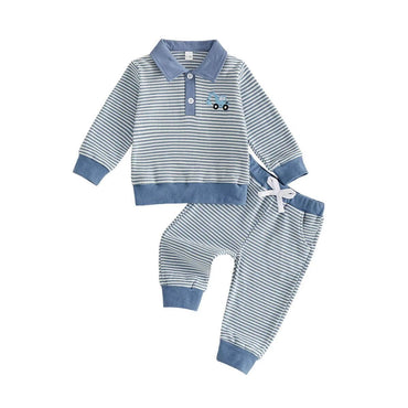 Long Sleeve Collar Striped Toddler Set Sets The Trendy Toddlers Blue 9-12 M 