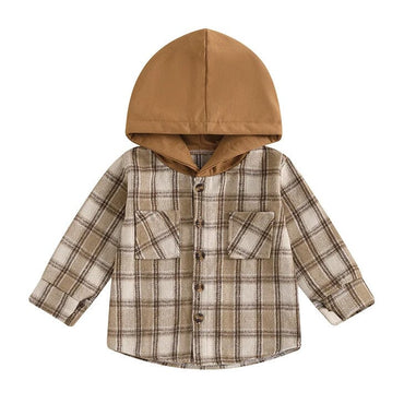 Long Sleeve Plaid Hooded Baby Shirt Brown 3-6 M 