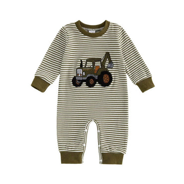 Long Sleeve Tractor Striped Baby Jumpsuit Green 0-3 M