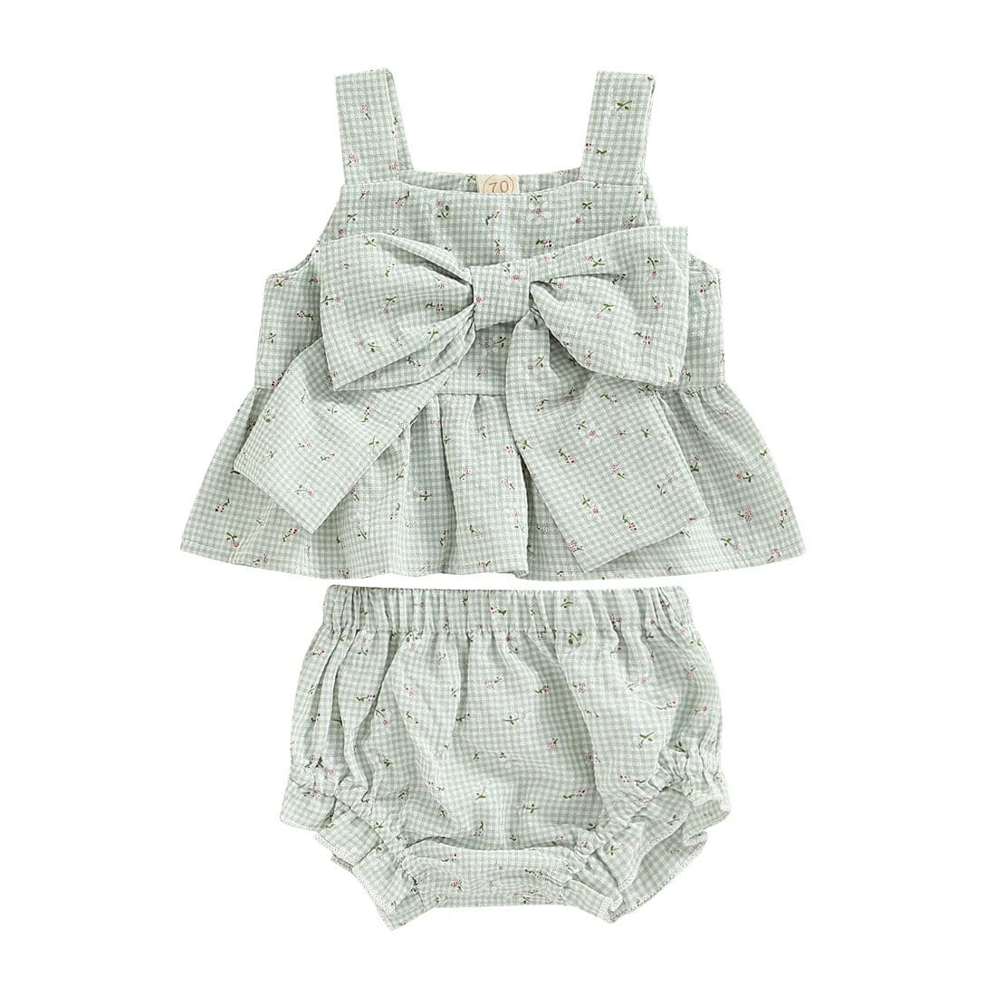 Floral Plaid Bowknot Baby Set Green 0-3 M 