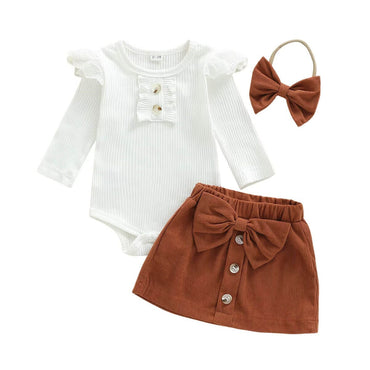 Long Sleeve Ruffled Solid Skirt Baby Set White 0-3 M